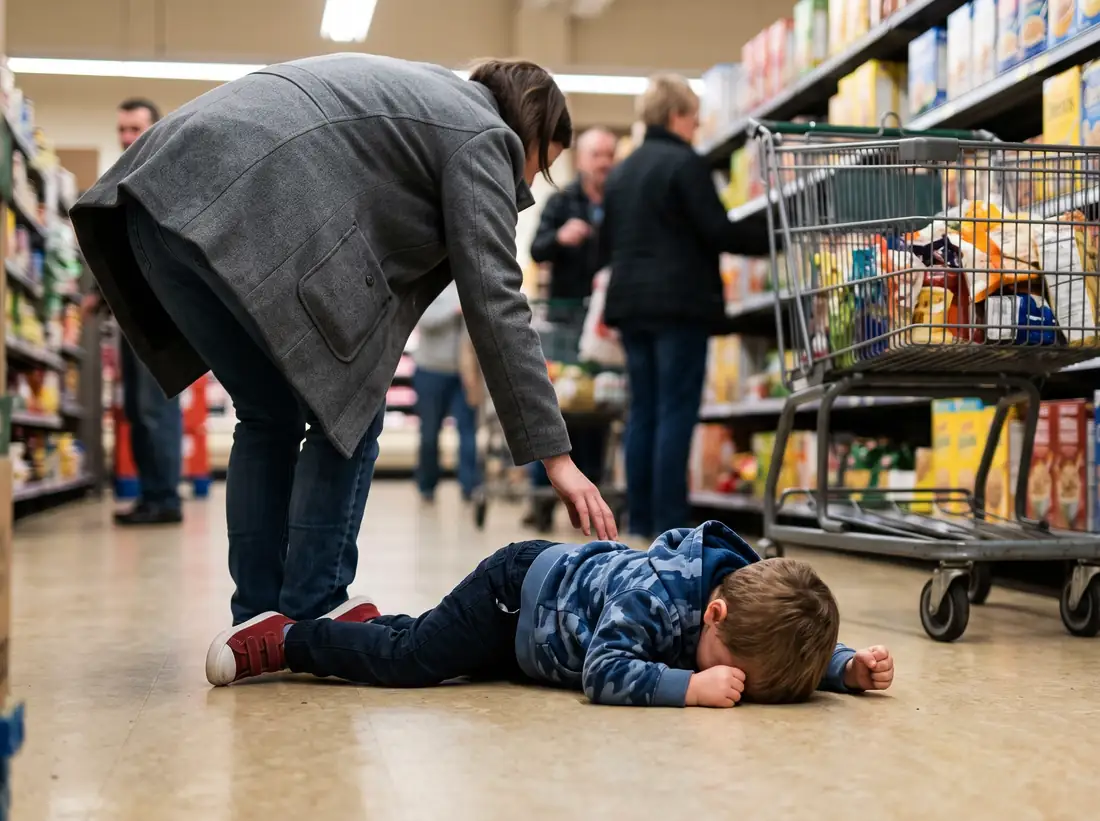 Toddler lying on the grocery store floor mid-tantrum while parent bends down to help