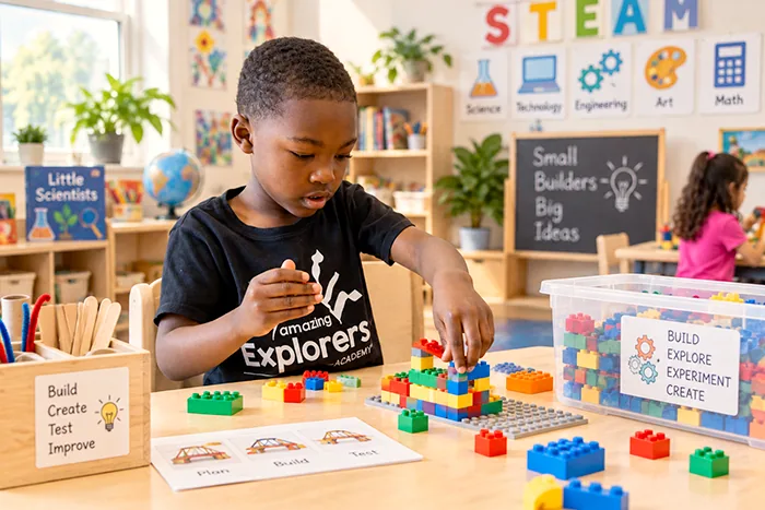 Three year olds in a STEAM preschool classroom during circle time