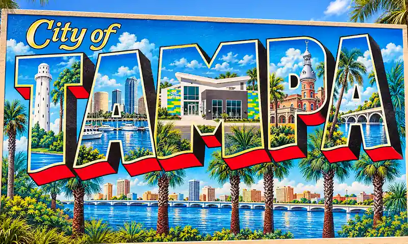 Colorful City of Tampa welcome mural with palm trees and city landmarks