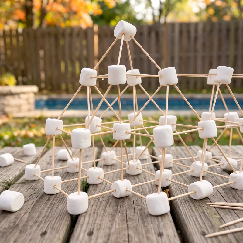 Child building a structure with marshmallows and toothpicks at a table