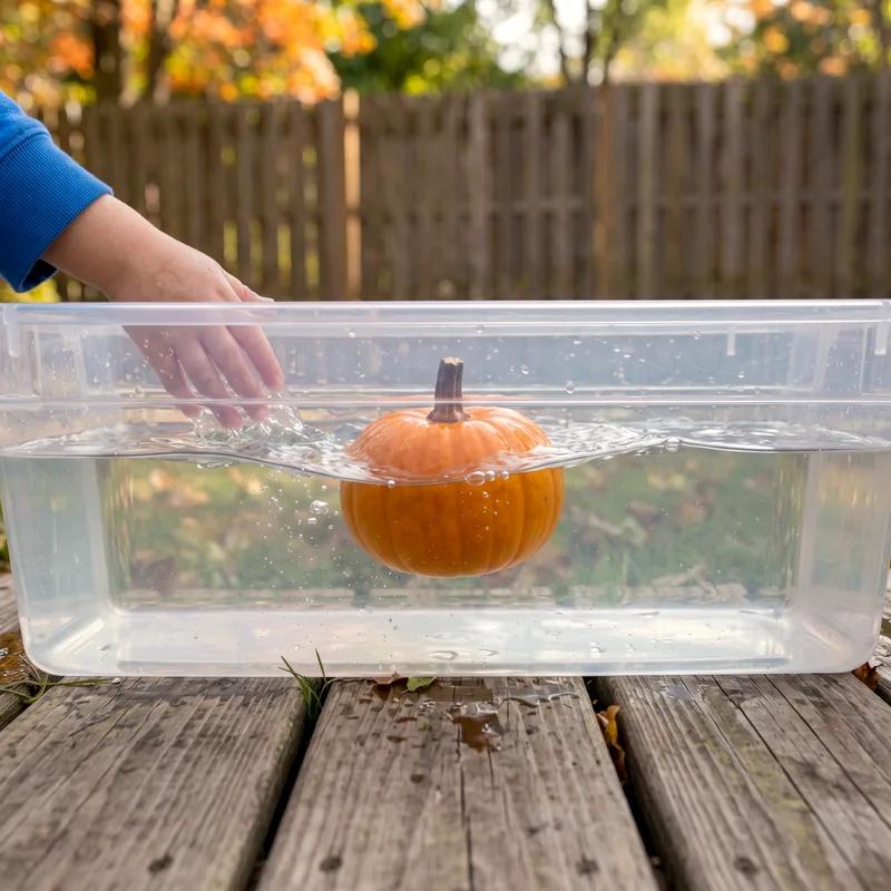Preschooler testing whether a small pumpkin sinks or floats in a bin of water