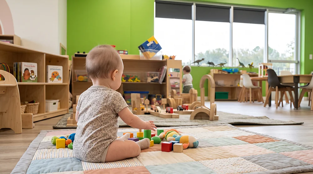 Infant sitting on a play mat surrounded by blocks and toys in a bright daycare classroom